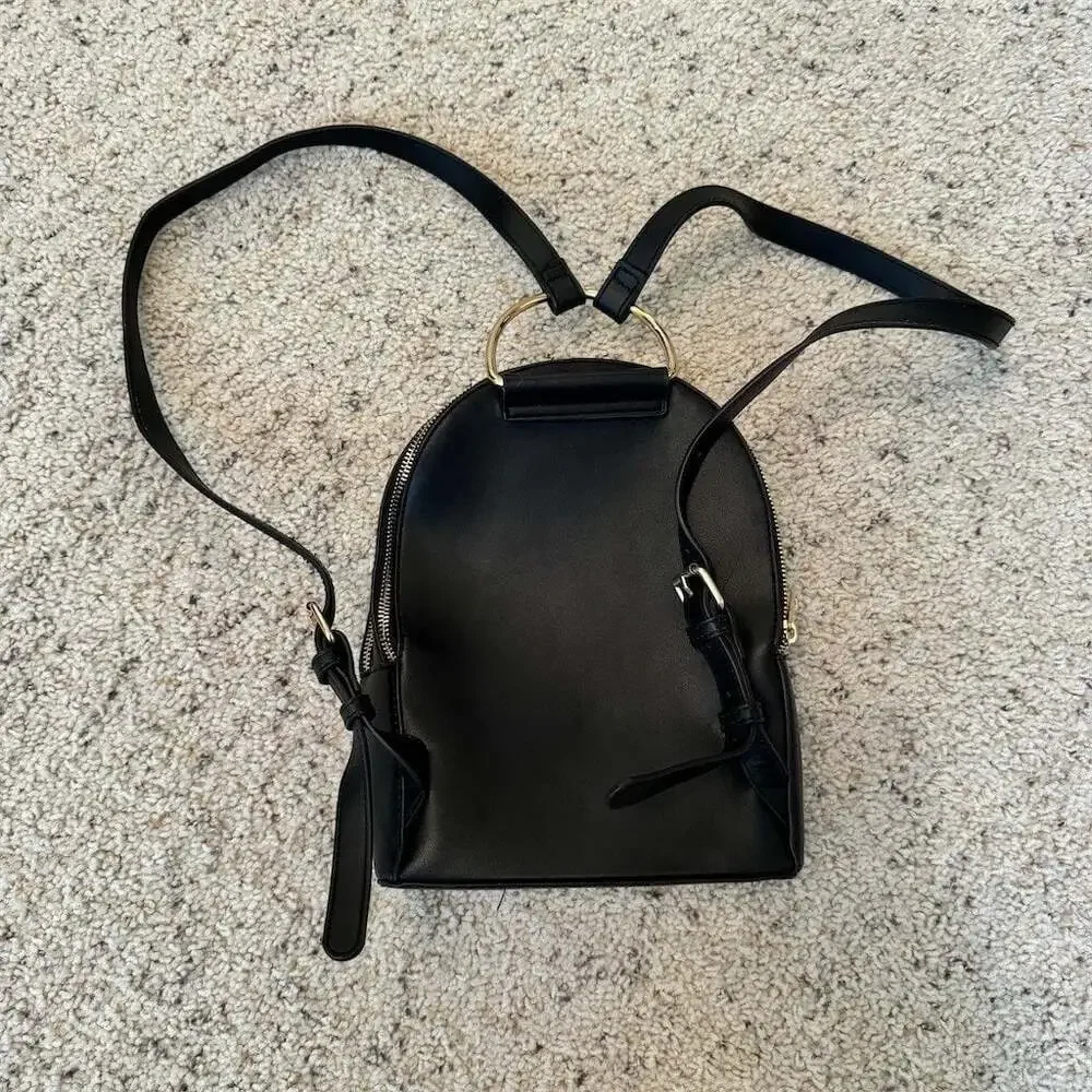 Womens Mini Backpack Purse Black Gold Ring Top Handle Double Zipper